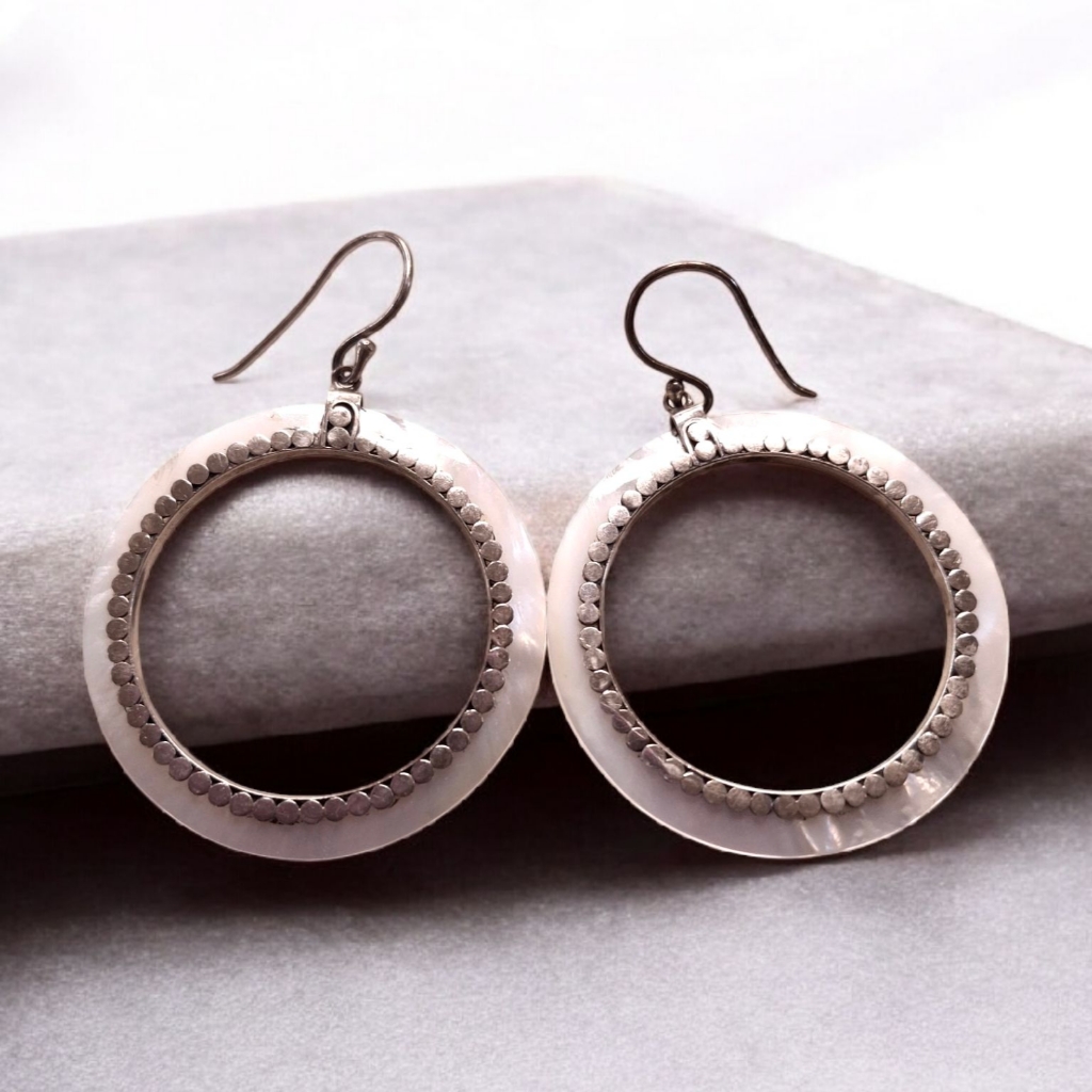 Vintage Sterling Silver 925 Ati Mother Of Pearl Statement Earrings 49$